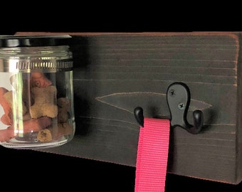 Leash Hanger with Treat Jar; Distressed Black; Dog Leash Hook; Leash Holder; Pet Accessories; Rustic Decor;  Great Christmas Gift!