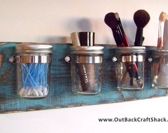 Mason Jar Decor; Handmade in USA; Shabby Bathroom Organizer; Rustic Decor; Toothbrush Holder; Bathroom Caddy; Great Christmas gift!