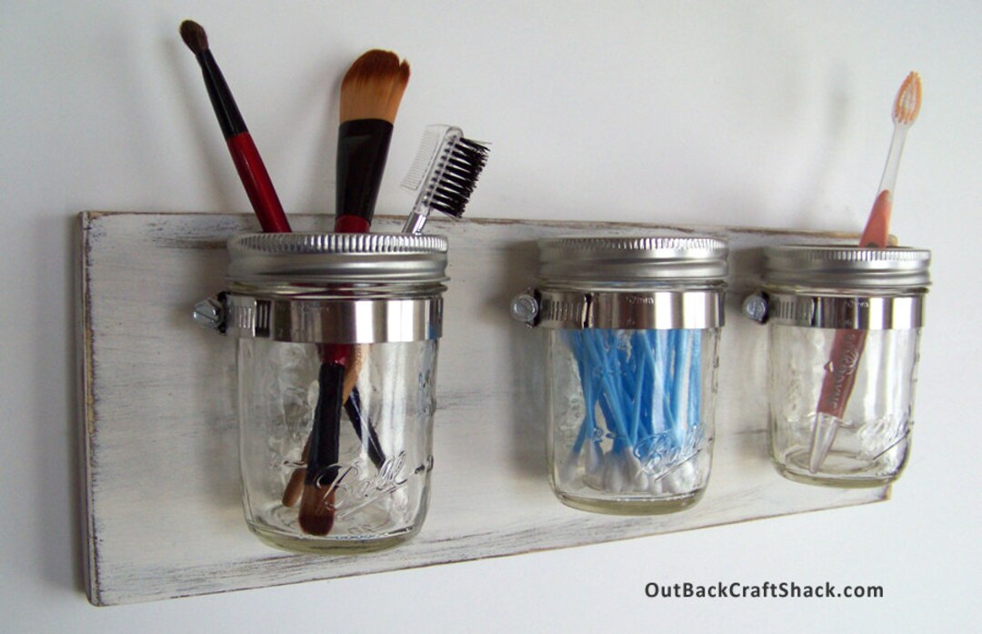 Farmhouse Mason Jar Bathroom Organizer With 3 Jars Rustic Etsy