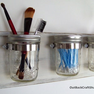 Farmhouse Mason Jar Bathroom Organizer with 3 Jars, Rustic White, Mason Jar Decor, Toothbrush Holder, Shabby Decor, Great Christmas gift!