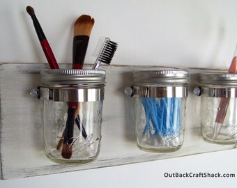 Farmhouse Mason Jar Bathroom Organizer with 3 Jars, Rustic White, Mason Jar Decor, Toothbrush Holder, Shabby Decor, Great Christmas gift!