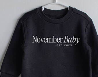Custom birth month toddler sweatshirt, First birthday present, Personalised kids pullover, Baby announcement jumper, Boys black crewneck
