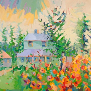 May include: A painting of a house with a green roof and white trim, surrounded by trees and flowers. The house is painted in a loose, impressionistic style, with bright colors and bold brushstrokes.