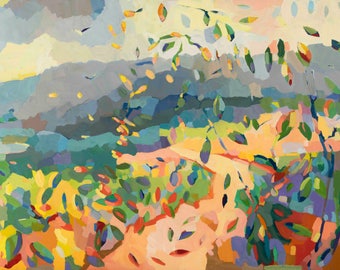 May include: An oil painting depicting a landscape with a winding path, vibrant foliage, and distant mountains. The scene uses a palette of yellow, orange, green, blue, and purple brushstrokes to create a textured, abstract representation of nature.