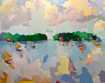 May include: A colourful abstract painting depicting a lake with sailboats and a green island in the background. The sky is filled with fluffy clouds in shades of pink, yellow, and blue.
