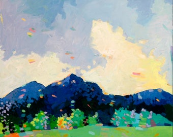 May include: A painting of a landscape with a blue mountain range in the foreground, a green field, and a light blue sky with white clouds. The sky is painted with streaks of yellow, orange, and pink.