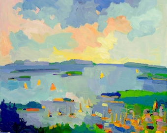 VERY LARGE.Above the Harbor, Camden, Maine, printed on handmade paper,  30 x 30 inches, signed and numbered by Henry Isaacs