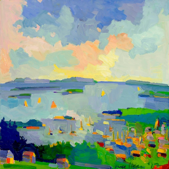 Closeout. VERY LARGE.Above the Harbor, Camden, Maine, printed on handmade paper,  30 x 30 inches, signed and numbered by Henry Isaacs