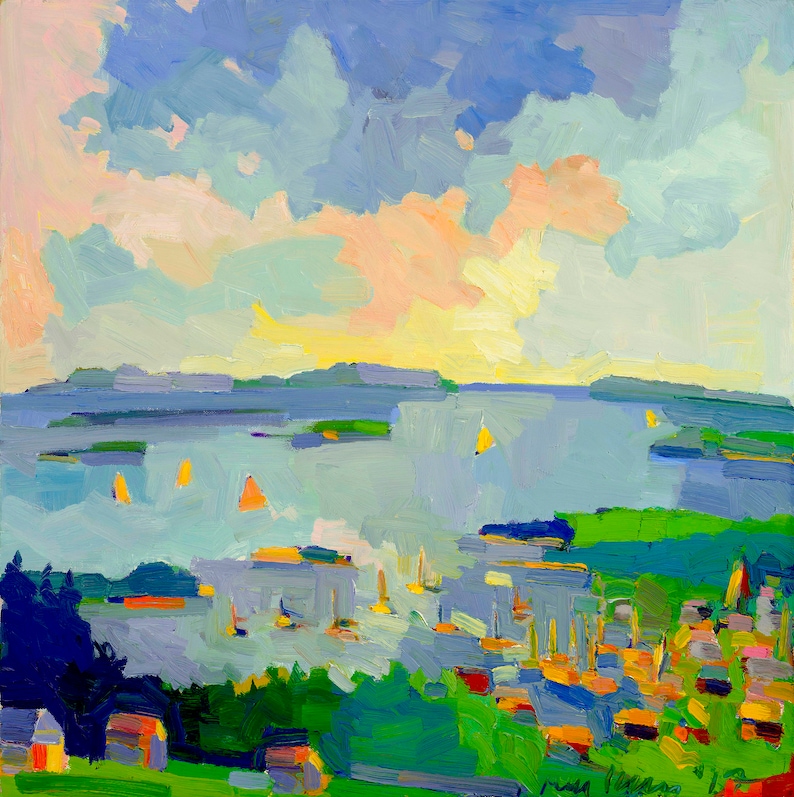 May include: An abstract painting depicting a seascape with sailboats on a body of water. The sky is a mix of blue, pink, and yellow, with fluffy clouds. The water is a light blue, and the sailboats are yellow. The painting is done in a loose, impressionistic style.