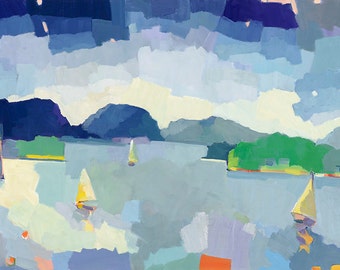 May include: Abstract painting depicting a landscape with a blue sky, green hills, and white sailboats on a body of water.