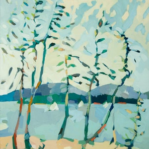 May include: A painting depicting four trees with green foliage against a blue and white sky. The trees are silhouetted against a blue body of water with white sailboats in the distance. The painting is signed "H.M. Irwin 18" in the bottom right corner.
