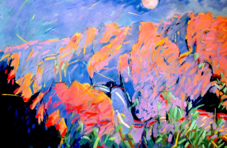 May include: Abstract painting of a landscape with a full moon in the sky. The painting is done in a variety of colors, including blue, purple, pink, orange, and yellow. The brushstrokes are loose and expressive, creating a sense of movement and energy.