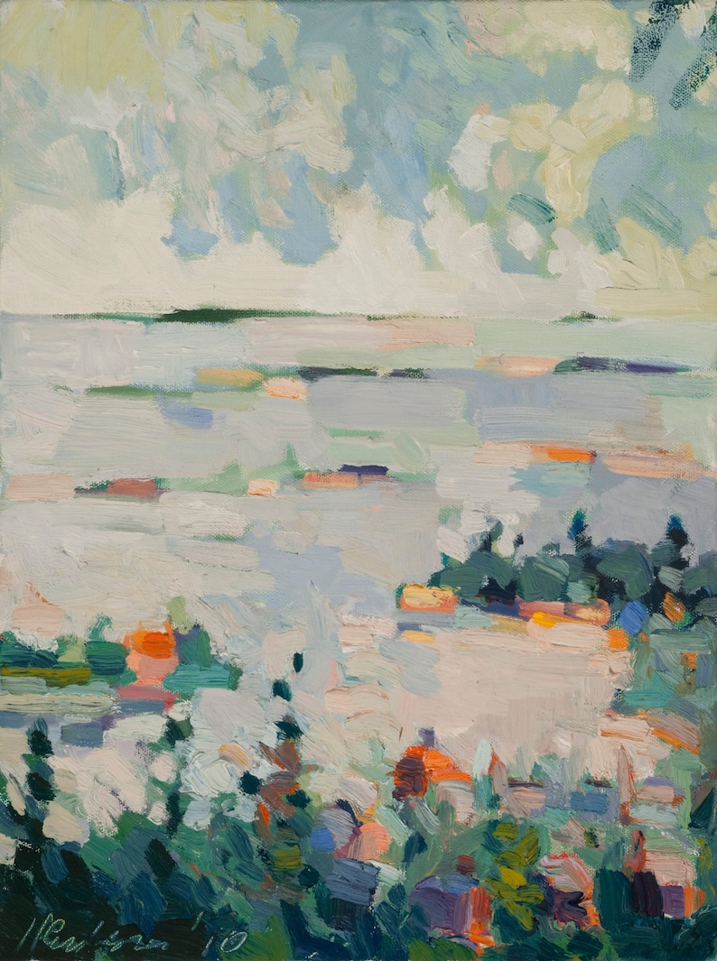 May include: A painting of a seascape with a light blue sky and white clouds. The water is a light blue-green color and there are some small islands in the distance. The foreground is a dark green and blue color, suggesting trees or bushes.
