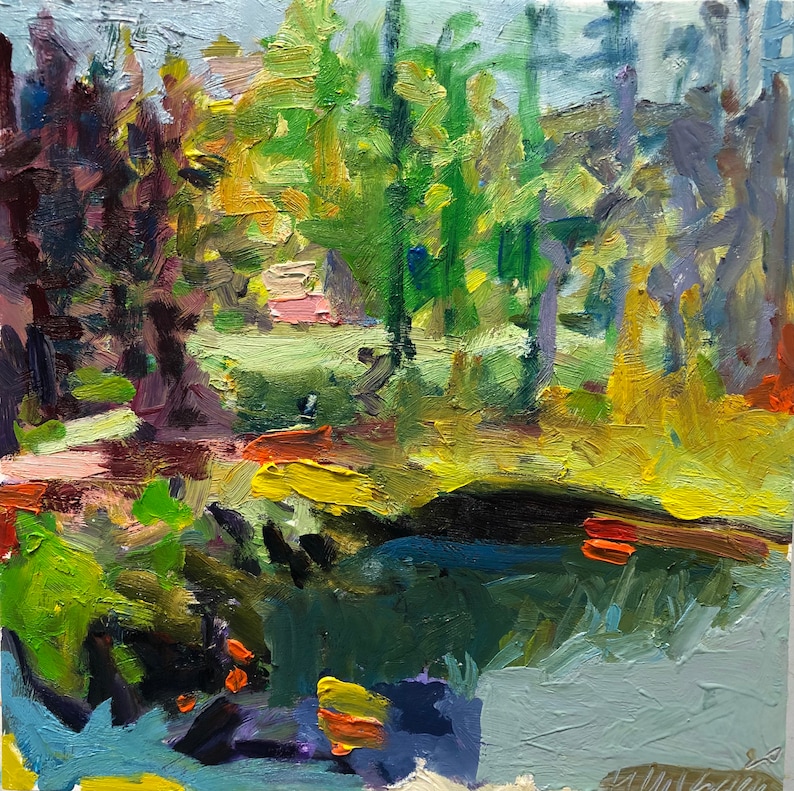 Puede incluir: Una pintura abstracta al &oacute;leo con una escena de paisaje. La pintura presenta una variedad de colores, incluyendo verde, azul, amarillo y marr&oacute;n. La pintura est&aacute; realizada en un estilo suelto y expresivo.
