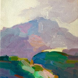 May include: Abstract painting of a landscape with purple, green, and blue hues. The painting features a mountain range in the background and rolling hills in the foreground. The artist's signature "Helen Isaac 2022" is visible in the bottom right corner.