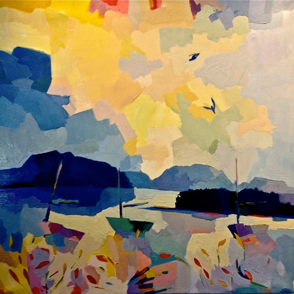 Restposten KLEINE LEINWAND. Drei Boote, Maine, Giclée-Druck, 14 x 14 inches, von Henry Isaacs