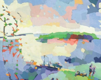 May include: A colorful abstract painting of a landscape with a body of water, a small island, and a tree in the foreground. The sky is a mix of blue, pink, and white, and the water is a light blue with hints of green and pink. The island is a bright green, and the tree is a dark green with red and orange accents.