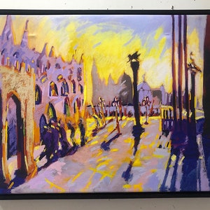 May include: A painting of a city street scene at sunset. The buildings are painted in shades of purple and yellow, and the street is lined with lampposts. The sky is a vibrant yellow and orange.