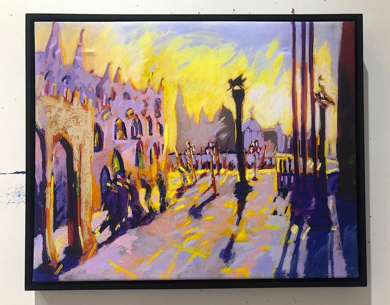 May include: A painting of a city street scene at sunset. The buildings are painted in shades of purple and yellow, and the street is lined with lampposts. The sky is a vibrant yellow and orange.
