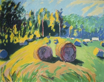 May include: A painting of a field with hay bales in the foreground. The bales are purple and yellow, and the field is green and yellow. There are trees in the background, and the sky is blue.