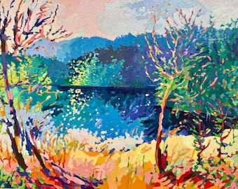 May include: A colorful painting of a lake scene with two trees in the foreground and a mountain range in the background. The lake is a vibrant blue with white highlights, and the trees are a mix of green, yellow, and pink. The mountains are a deep blue with purple and green accents.