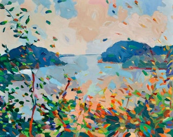 May include: Abstract painting of a landscape with a body of water in the centre. The water is surrounded by green and blue hills. The sky is a light blue with white clouds. The foreground is a close-up of green and orange brushstrokes.