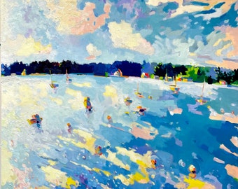 May include: An impressionistic painting of a sunny day on the water. The artwork features a blue and white colour palette with boats, figures, and a shoreline. The sky is filled with clouds, and the water reflects the sunlight.