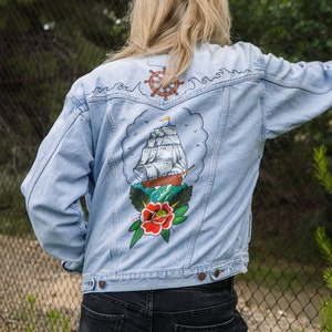 Ship Tatto hand painted Jean Jacket old school style image 1