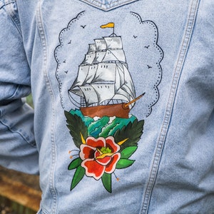 Ship Tatto hand painted Jean Jacket old school style image 2