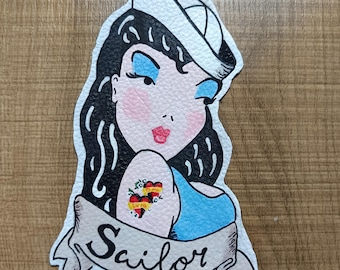 Pinup Sailor leather patch, rockabilly patch, hand-painted, denim jacket patch, pinup girl patch, vintage, tattoo patch, decorate jacket