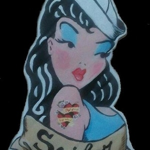 Pinup Sailor leather patch, rockabilly patch, hand-painted, denim jacket patch, pinup girl patch, vintage, tattoo patch, decorate jacket
