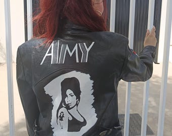 Jaqueta de couro Pioneer, jaqueta de couro vintage estilo rocker, Amy Winehouse, jaqueta de couro personalizada, roupa original, desenho de tatuagem da Amy