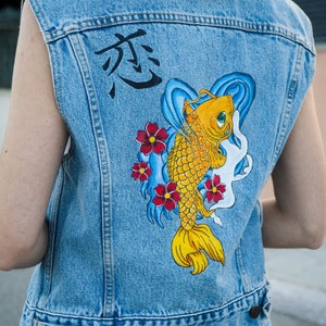 Koi fish Tatto hand painted Jean Vest - Japanese old school style