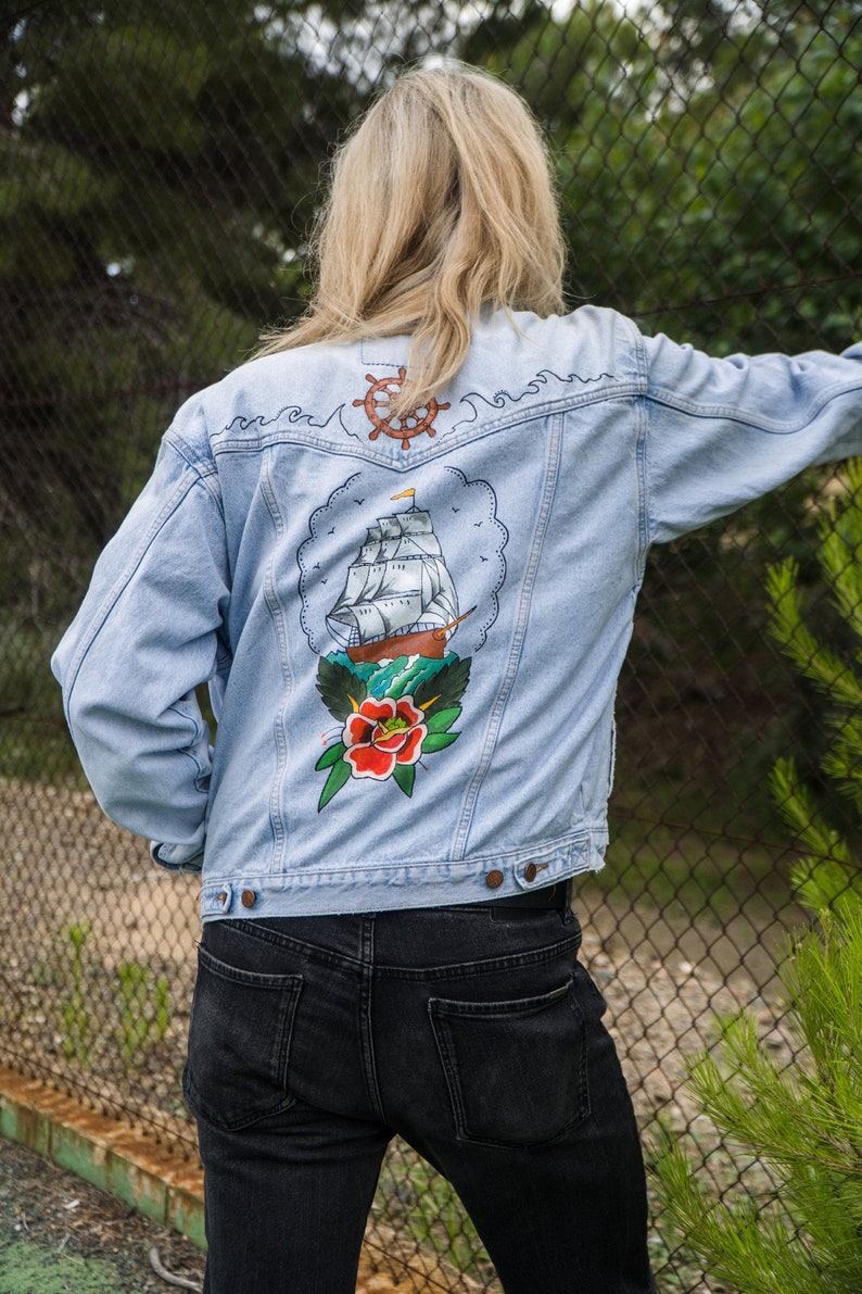 Ship Tatto hand painted Jean Jacket old school style image 1