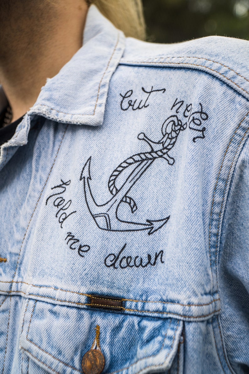 Ship Tatto hand painted Jean Jacket old school style image 6