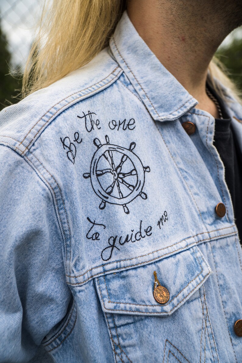 Ship Tatto hand painted Jean Jacket old school style image 5