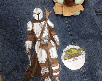 Jaqueta jeans do Mandaloriano com o bebê Ioda, jaqueta decorada de Star Wars, jaqueta jeans personalizada, jaqueta para fãs de Star Wars