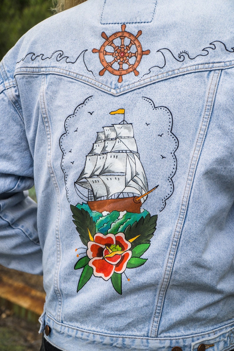 Ship Tatto hand painted Jean Jacket old school style image 2