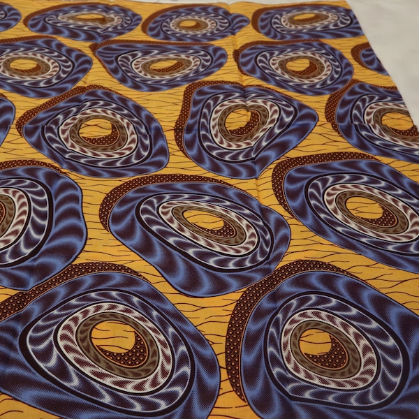 African Wax Print Fabric Light Gold/Blue Julius Holland Soft Ankara Fabrics, Cotton African Print