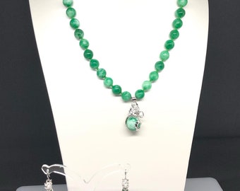 Green Jade Necklace Jewellery Set,  Jade Earring ,Jade jewellery Set, Jade Stone With Dragon Pendant Jewellery Set