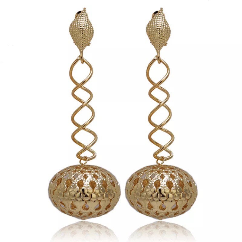 Gold Earring, Twist Chain Gold Plated Statement Ball Earring, African