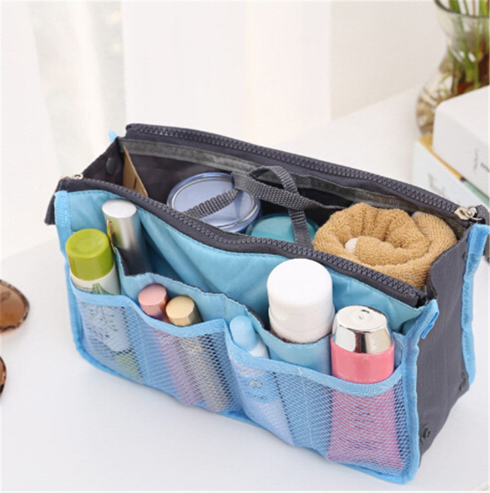 Cream Blue and Pink Quilted Zipper Accessory Bag, Many Pockets and  Organization for Cosmetics, Accessories. Zippered Divider, Expands Fully 