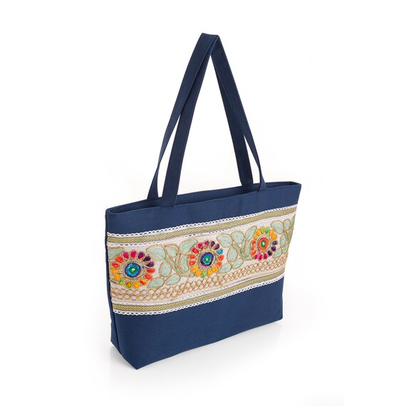 Canvas Bag Navy Multicolour Flower Design Shoulder Bag Canvas Tote