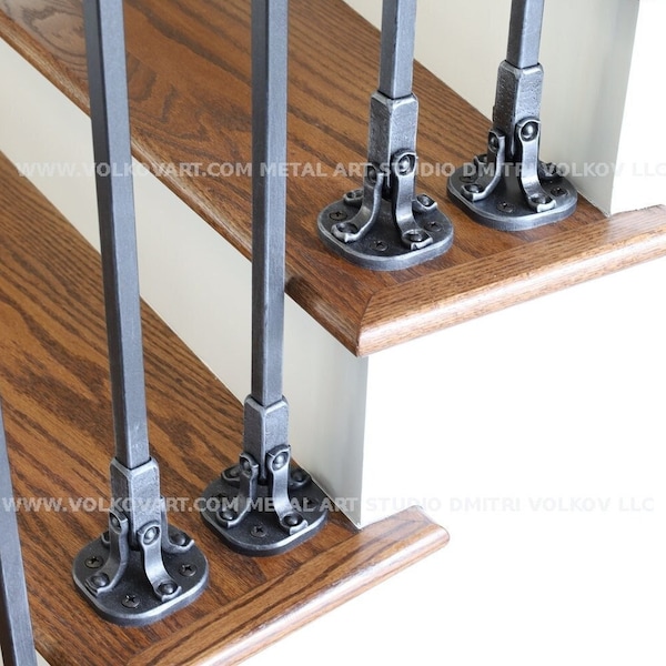 Metal Railing Post with Base, Iron Baluster with Shoes, Modern Staircase Railing Parts, Square Metal Post, Handcrafted Steel Baluster