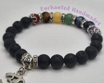 Bracelet chakra | Bracelet à breloques Om | Bracelet en pierre de lave noire | Diffuseur d'huiles essentielles | Bracelet de guérison | Bijoux de yoga