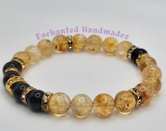 Citrine & Obsidian Beaded Bracelet: Golden Sunstone Gemstone