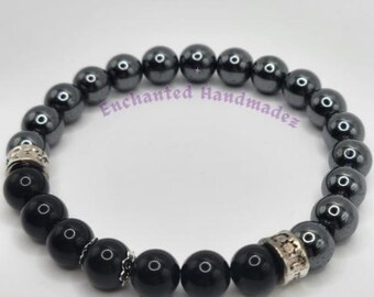 Black Obsidian & Hematite Beaded Bracelet: Spiritual Protection Jewelry