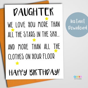 Cartão de aniversário engraçado | Para filha | Quarto Sujo | Download instantâneo | Cartão de aniversário para impressão