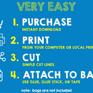 Puede incluir: Un fondo azul con texto amarillo que describe los pasos para crear una bolsa. Los pasos son: 1. Comprar, 2. Imprimir, 3. Cortar, 4. Fijar a la bolsa. El texto tambi&eacute;n incluye: "Descarga instant&aacute;nea", "Desde tu ordenador o una imprenta local", "L&iacute;neas de corte simples" y "Usa pegamento, pegamento en barra o cinta adhesiva". El texto "Nota: las bolsas no est&aacute;n incluidas" est&aacute; en la parte inferior de la imagen.