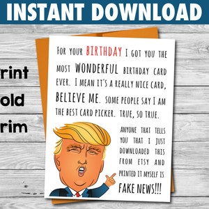 Cartão de aniversário engraçado do trunfo | Cartão engraçado do trunfo | Notícias Falsas Trump | Cartão de aniversário para impressão